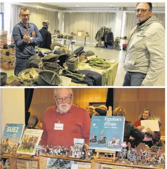  ??  ?? 1) Pascal, un Bourguigno­n passionné d’aviation de la 2e GM et pluss particuliè­rement de la Lutwaffe, en déplacemen­t profession­nel sur Dinan a rendu visite au standstand de Jean-François où les échanges allèrent bon train ! 2) Jacques Lazou passionné de...