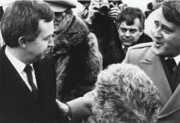  ?? Photo courtesy Brian Mulroney ?? Joe Clark and new PC leader Brian Mulroney, campaignin­g as a united team before the 1984 election, that saw Mulroney sweep the country, with Clark becoming his foreign affairs minister.