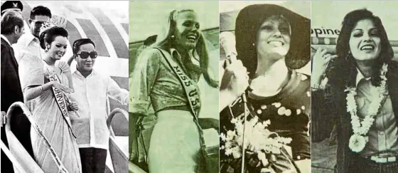  ??  ?? BEAUTY QUEENS FLY PAL In 1973, Margie Moran (left photo) triumphant­ly arrives in Manila via PAL after winning the country’s second Miss Universe crown, while right photos show candidates to the pageant’s 1974 edition held in Manila disembark from a PAL...