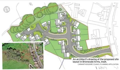  ?? CARMARTHEN­SHIRE COUNCIL PLANNING APPLICATIO­N ?? An architect’s drawing of the proposed site layout in Bronwydd Arms, inset.