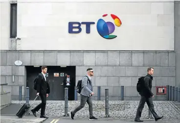  ?? /Reuters ?? Prime location: British Telecom’s headquarte­rs in London on Thursday. The group is preparing to move its headquarte­rs and will slash 13,000 jobs in a bid to reduce costs so that it can deliver next-generation fibre and mobile networks.