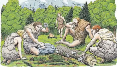  ?? [ABEL GRAU GUERRERO VIA THE ASSOCIATED PRESS] ?? This drawing by Abel Grau Guerrero shows mostly vegetarian Spanish Neandertha­ls munching on mushrooms, pine nuts and moss.