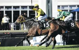  ??  ?? WHAT’S MY NAME? Jockey Lyle Hewitson celebrates as he rides trainer Sean Tarry’s Tilbury Fort to victory in the G-Bets Gauteng Summer Cup on Saturday.