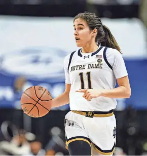  ?? DAVID YEAZELL/USA TODAY SPORTS ?? Notre Dame Fighting Irish guard Sonia Citron (11) dribbles the ball in the first half against the Louisville Cardinals at Greensboro Coliseum.