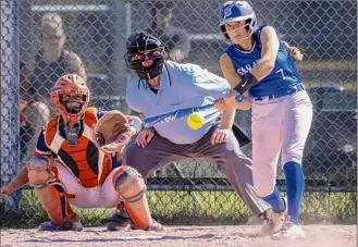  ?? James Franco / Special to the Times Union ?? Saratoga catcher Sarah Decker takes a swing during the Class AA state quarterfin­al against Liverpool at Luther Forest Athletic Fields in Malta on Saturday afternoon.