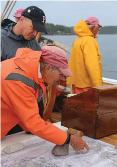  ??  ?? Top left: Capt. Linda Lee plots a course. Bottom left: Crew ready sheets aboard Heritage. Right: Crews face off in a harbor race.