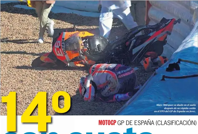  ??  ?? Marc Márquez se duele en el suelo después de su rápida caída en el FP3 del GP de España en Jerez.