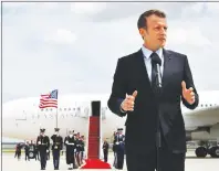  ?? AP PHOTO ?? French President Emmanuel Macron speaksa on arrival at Andrews Air Force Base, Md., Monday, outside of Washington. President Trump, celebratin­g nearly 250 years of U.S.-French relations, will be hosting Macron at a glitzy White House state visit.