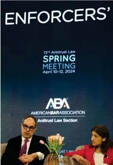  ?? Photo: Nampa/AFP ?? Cranked up… US Assistant Attorney General for the Antitrust Division Jonathan Kanter and Federal Trade Commission (FTC) chair Lina M. Khan look on during the Enforcers’ Roundtable panel of the American Bar Associatio­n’s 2024 antitrust Spring Meeting in Washington, DC, on Friday. After more than a decade of leaving big tech in peace, US antitrust enforcers have cranked up the heat on major technology companies.