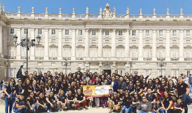  ??  ?? Pru Life UK agents gather in front of the Palacio Real in Madrid, Spain, for the British insurer’s Life Club Convention. Tracing its origin to the ninth century as a Muslim fortress, the Palacio Real de Madrid has served as the official residence of the Spanish Royal Family. With the present king, Felipe VI, and his family choosing to live at Palace of Zarzuela, the Royal Palace now serves as a venue for state functions.