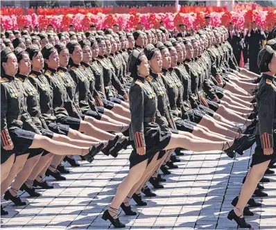  ??  ?? Korean People’s Army soldiers march during a mass rally on Kim Il Sung square in Pyongyang yesterday.