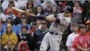  ?? CHARLES KRUPA — THE ASSOCIATED PRESS FILE ?? In this Oct 9 photo, Houston Astros designated hitter Carlos Beltran takes a swing during the ninth inning of Game 4 of baseball’s American League Division Series, in Boston. Beltran is retiring after winning his first World Series title in his 20th...