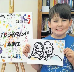  ??  ?? Joshua Matheson’s painting of television royalty Holly Willoughby and Phillip Schofield has received the thumbs up from the pair, who saw the photograph his mother sent into the show and agreed to donate £400 to the National Autistic Society. Joshua with other works of art (left)