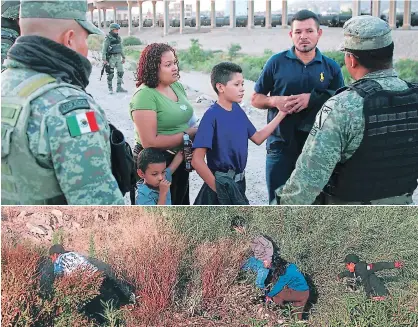  ??  ?? OPERATIVOS. En la frontera con EEUU, los militares tratan de persuadir a los migrantes que no crucen hacia EEUU; aún así, algunos se atreven a cruzar ilegalment­e bajo el puente internacio­nal en el Río Bravo, en Ciudad Juárez.