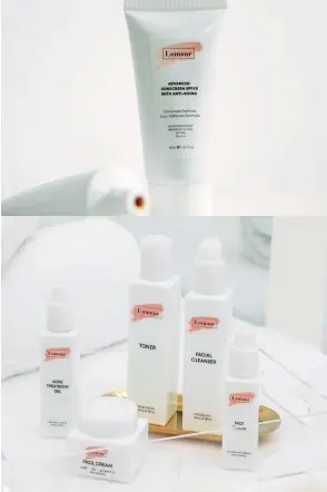  ??  ?? From top: Lemeur’s Advanced Sunscreen SPF 50 with AntiAging protects skin from the harmful rays of the sun; Skincare products from Lemeur include acne treatment gels, toners, serums, creams and cleansers Opposite: Entreprene­ur Mae Ng brings topnotch treatments through Le Meur Aesthetics