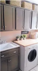  ?? MARY BETH BRECKENRID­GE/TNS ?? The countertop over the washer and dryer is a tabletop cut to size and the cabinet doors are framed with lattice molding to give them a Shaker look.