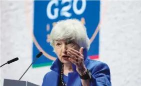  ?? AP PHOTO/LUCA BRUNO ?? Treasury Secretary Janet Yellen speaks during a press conference at a G20 Economy, Finance ministers and Central bank governors’ meeting in Venice, Italy, in July.