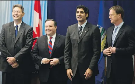  ?? GREG SOUTHAM ?? Progressiv­e Conservati­ve leadership candidates in January, from left, Richard Starke, Jason Kenney, Stephen Khan, who has since withdrawn, and Byron Nelson. Some longtime party members may leave if Kenney is selected as leader, saying their party is...