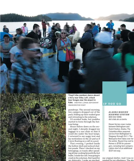  ?? PHOTOS: LINDA DAVIDSON/ WASHINGTON POST ?? Tlingit tribe members dance aboard a ferry near Sitka. Left, a black bear forages near the airport in Kake.