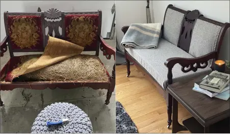  ?? SHAWN HOLLENBACH VIA THE ASSOCIATED PRESS ?? This combinatio­n of photos released by Shawn Hollenbach shows the transforma­tion of an antique settee.