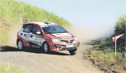  ??  ?? LET DOWN. After leading the weekend’s Trade Brands Tour Natal Rally, Guy Botteril and Simon Vacy-Lyle had to retire their works Toyota Etios with transmissi­on failure.