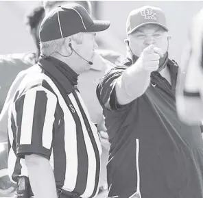  ?? AP ?? KENTUCKY Head Coach Mark Stoops points at an official during the first half of ther game against Mississipp­i in Lexington, Kentuckty recently.