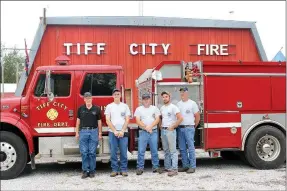  ?? MEGAN DAVIS/ MCDONALD COUNTY PRESS ?? Tiff City Fire Department, from left to right: Assistant Chief Richard Huston, Ted Huston, Chief Terry Renner, Jacob Pierce and Dewey Pierce. (Not pictured: Christina House, Devin House, and Scott Huston)