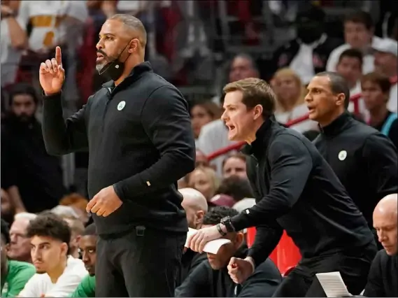  ?? File photo ?? Even though the Celtics changed coaches just prior to the season, first-year coach Joe Mazzulla, right, has led the Celtics to the best record in the league despite Monday’s ugly road defeat to the Bulls. Boston is back in action Wednesday night against Dallas at the TD Garden.