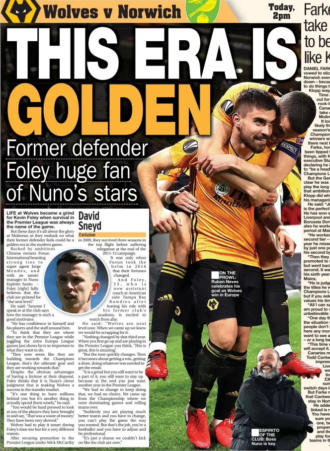  ??  ?? ON THE PROWL: Ruben Neves celebrates his goal as Wolves win in Europe
ESPIRITO OF THE CLUB: Boss Nuno is key