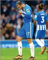  ??  ?? DEJECTION: Brighton’s Glenn Murray hangs his head after missing from the spot