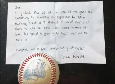  ?? CONTRIBUTE­D BY BRYAN NIEMEYER ?? Russia shortstop Dion Puthoff delivered this letter and baseball to Minster’s Jon Neimeyer, whose seventh-inning hit drove in the game-winning run in their Division IV state championsh­ip game on June 3.