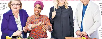  ??  ?? Bake Off’s Noel Fielding, Sandi Toksvig, Paul Hollywood and Prue Leith, left, were locked in a bunfight with BBC rivals Rosemary Shrager, Nadiya Hussain, Zoe Ball and Giorgio Locatelli, below