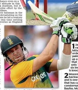  ??  ?? Master blaster: De Villiers sends one of his six sixes soaring into the Bull Ring stands