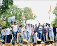  ?? IANS ?? Congress’ NSUI activists stage a demonstrat­ion against the hike in petrol and diesel prices, in New Delhi, on Wednesday.