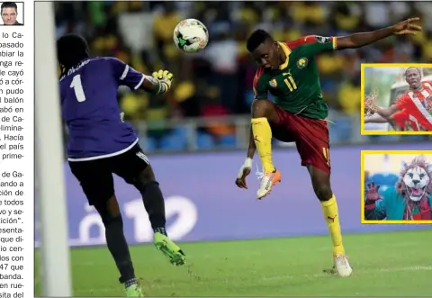  ??  ?? OCASIÓN. Salli, delantero de Camerún, en un remate ante el portero de Gabón, Ovono, en el partido disputado anoche en Libreville