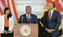  ?? BARBARA HADDOCK TAYLOR/BALTIMORE SUN ?? Lt. Col. Roland L. Butler speaks at the lectern as Lt. Gov. Aruna Miller and Gov. Wes Moore listen Thursday. Butler was nominated by Moore to become superinten­dent of the Maryland State Police.