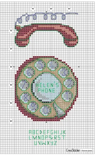  ??  ?? Designed by: Durene Jones Stitch count: Dial: 36 high x 35 wide; Receiver: 19 high x 35 wide Design size: Dial: 5.5x5.5cm (2¼x2¼in); Receiver: 3x5.5cm (1¼x2¼in) Stitch time: 7 hours total This design was stitched using 32 count linen over two threads...
