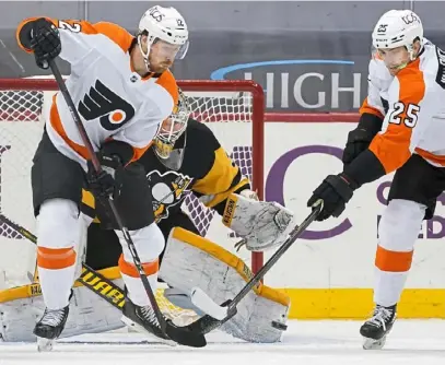  ?? Peter Diana/Post-Gazette ?? Penguins goaltender Tristan Jarry too often has found himself outmanned in front of his own net.