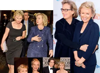  ??  ?? CLOCKWISE FROM TOP LEFT: Tina and Hillary Clinton; at the Women in the World conference with Meryl Streep; with Hugh Grant at the Golden Globes; Tina and Uma Thurman.