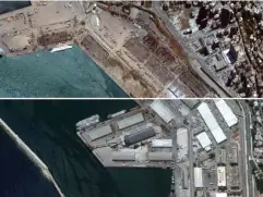  ??  ?? Beirut port, before and after the explosion (Maxar Technologi­es)