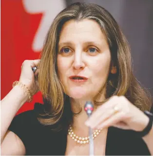  ?? BLAIR GABLE/REUTERS/FILE ?? Deputy PM Chrystia Freeland’s reaction to U.S. tariffs on aluminum means Canadian consumers will be punished in order to “protect” a fraction of exports, according to Kevin Carmichael.