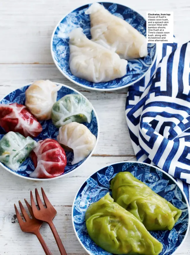  ??  ?? Clockwise, from top:
House of Kueh’s classic soon kueh, and a spinach skin version filled with bamboo shoots; One Kueh at a Time’s classic soon kueh, along with its beetroot and chive alternativ­es