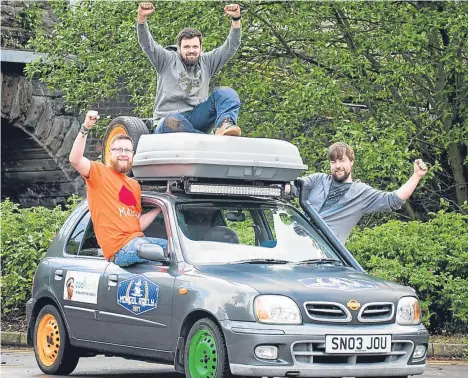  ??  ?? THREE Tayside men have set off on a month-long journey of a lifetime to raise cash for the Maggie’s Centre.
Dundee pair Euan Simpson and Alan Mann, plus Perth’s Scott Lauder, are taking their S registered Nissan Micra on the Mongol Rally, one of the...