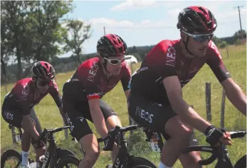  ?? AP PHOTO ?? Colombia’s Egan Arley Bernal Gomez, left, Britain’s Geraint Thomas, centre, and Italy’s Gianni Moscon ride during the ninth stage of the Tour de France cycling race over 170.5 kilometres with start in Saint Etienne and finish in Brioude, France, on Sunday.