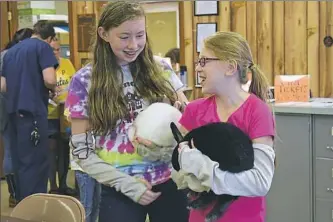  ??  ?? Megan and Sarah Mitchell hold their Satin rabbits.