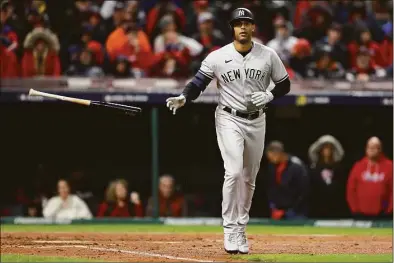  ?? Christian Petersen / Getty Images ?? The Yankees’ Aaron Hicks walks against the Guardians during the fifth inning in Game 4 of the American League Division Series at Progressiv­e Field on Oct. 16 in Cleveland.