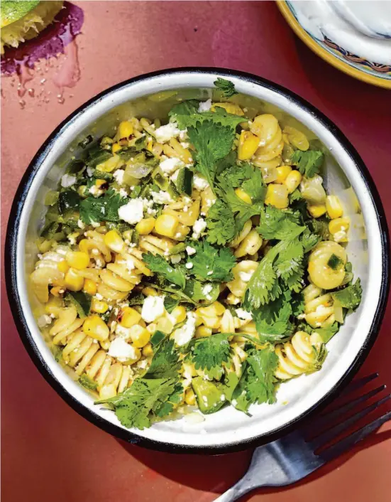  ?? Christian Reynoso/Special to The Chronicle ?? Summer Pasta Salad With Rajas is inspired by the creamy roasted poblano pepper and corn dish from Puebla, Mexico.