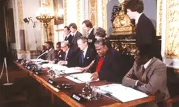  ??  ?? The Lancaster House Agreement, signed on 21 December 1979, declared a ceasefire, ending the Rhodesian war; and directly led to Rhodesia achieving internatio­nally recognised independen­ce as Zimbabwe