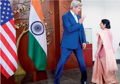  ?? AFP ?? Indian Minister of External Affairs Sushma Swaraj with US Secretary of State John Kerry in New Delhi on Tuesday. —