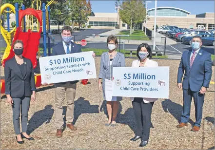  ?? SUBMITTED PHOTO ?? Chester County Commission­ers announce $15million in childcare grants for families and childcare businesses impacted by COVID-19. Pictured left to right are Chester County Commission­ers Michelle Kichline and Josh Maxwell, Downingtow­n Area School District Superinten­dent Dr. Emilie Lonardi, Chester County Commission­ers’ Chair Marion Moskowitz and Chester County Intermedia­te Unit Executive Director Dr. George Fiore.